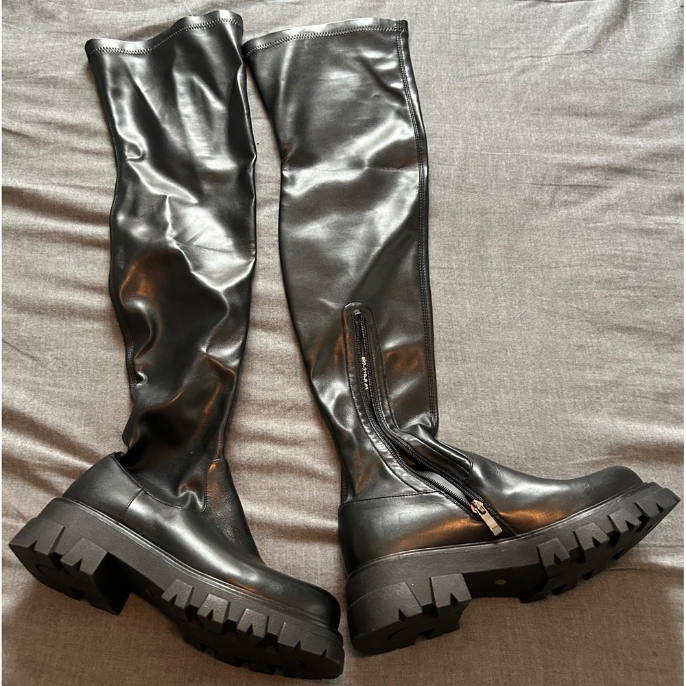 CouieCuies Black Over The Knee Lug Sole Platform Boots Womens Size 40 EU 9 US